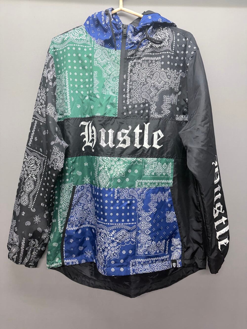 Encrypted Hustle Bandana Patchwork Windbreaker Jacket Mens Large L Paisley Hood